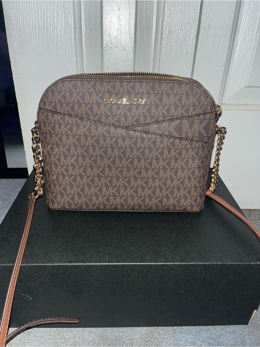 Michael Kors Brown Logo-Print Crossbody with Gold Hardware
